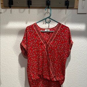 Max Studio Red and White Short Sleeve Wrap Blouse